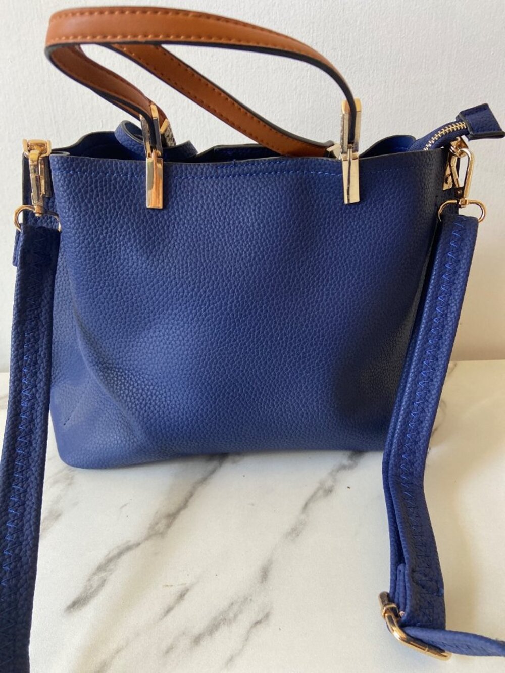 Navy Blue Pebbled Satchel Crossbody Handbag Gold Tone Hardware